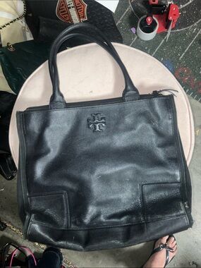 Tory Burch Black Leather Tote with Double-T Logo